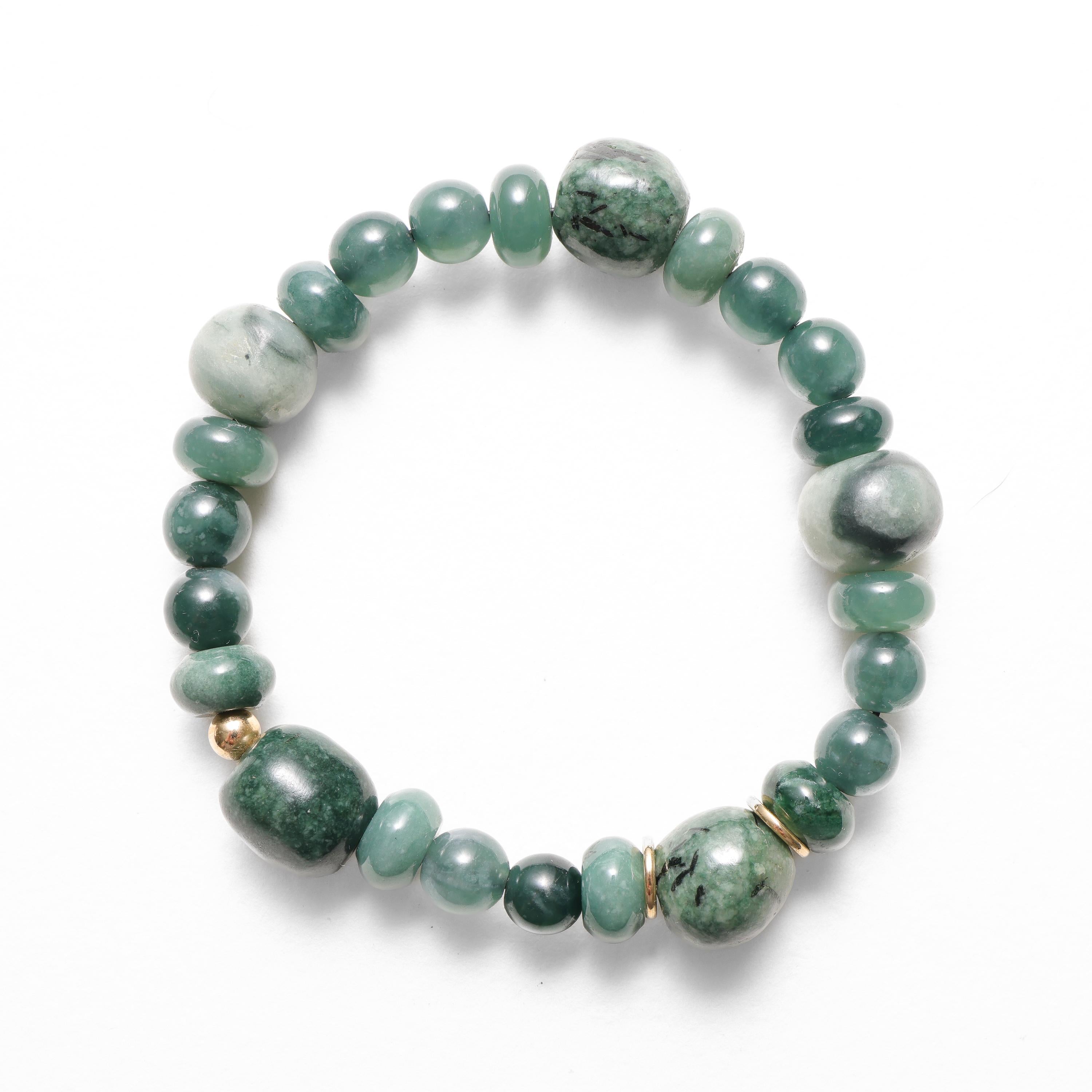 Artisan Jade Bracelet Guatemalan Jadeite Jade, 18K, Beaded Stretch, 7 3/4