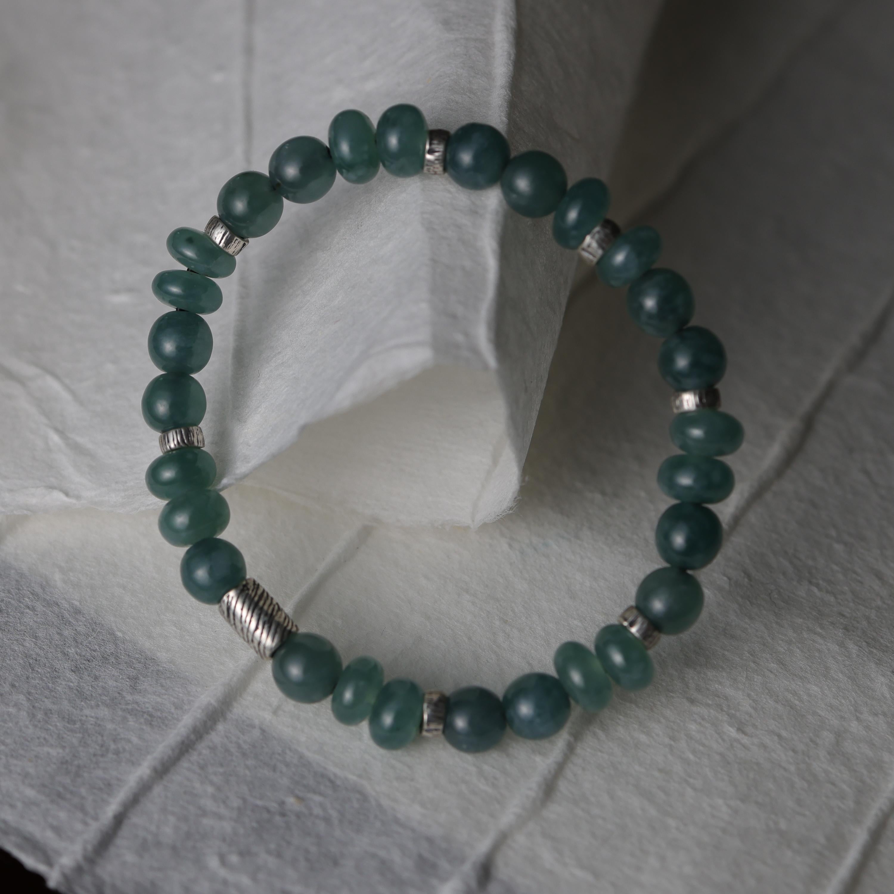Bracciale di giada guatemalteca, giada e giada, argento, perline, misura 7