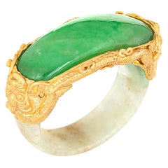 Jade Bridge Ring Retro 22 Karat Yellow Gold Dragon Estate Fine Jewelry