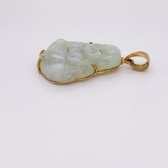 Jade Buda Pendant in 14 Karat Yellow Gold, Rare Jadeite Jade Carved Happy Buda