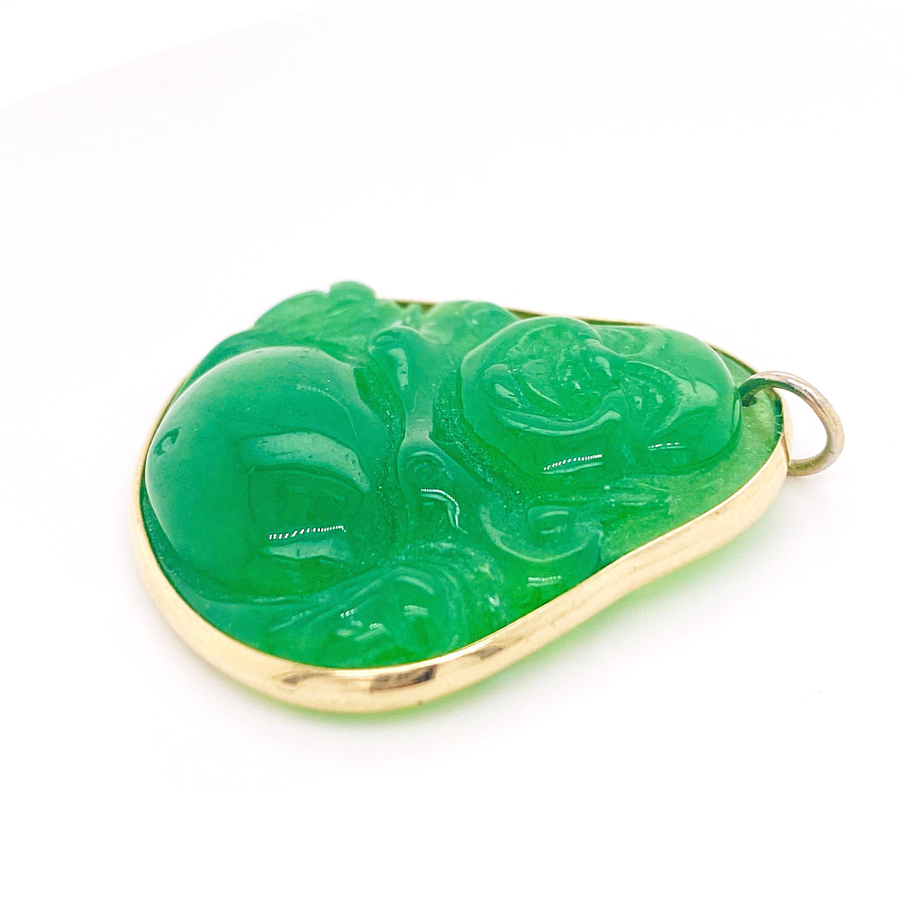 Buddha was a religious leader, a teacher, and a philosopher who sought to reach a state of enlightenment (nirvana). It is fitting that he is engraved into jade because that is the stone that symbolizes wisdom and tranquility. With this pendant, you
