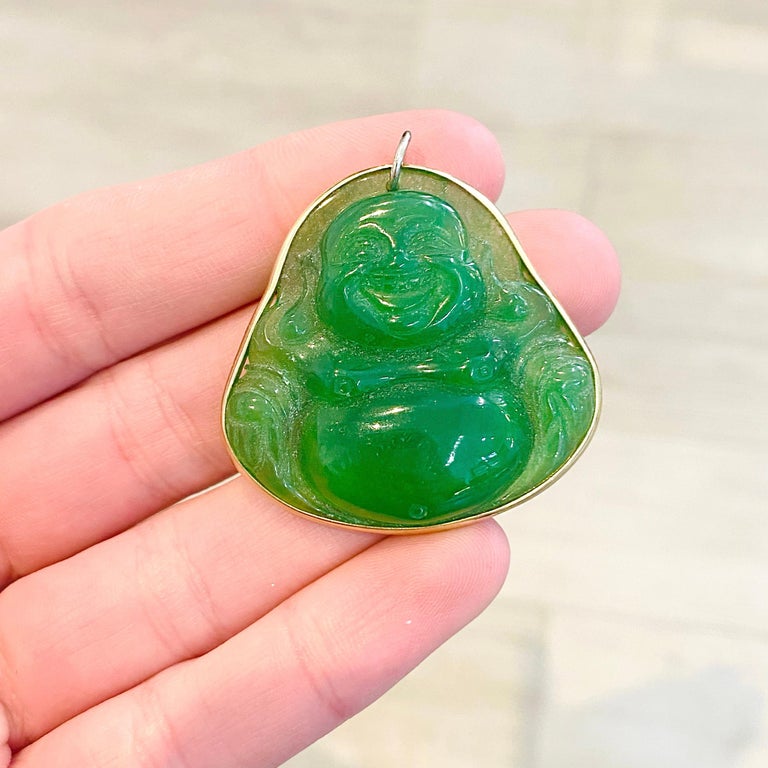 Jade Buddha Pendant, Yellow Gold Bezel, Buddha Engraved in Genuine Jade Charm For Sale at 1stDibs