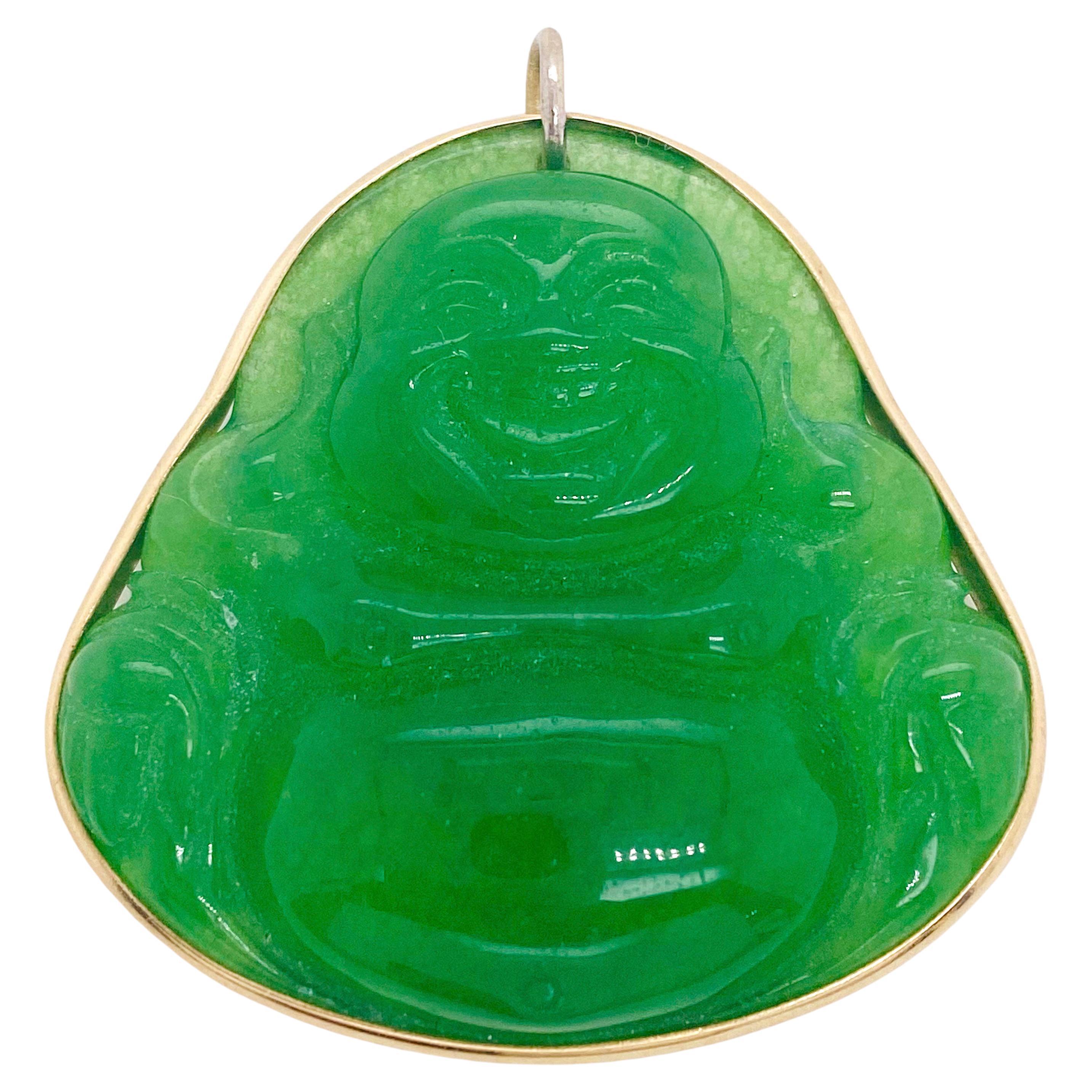 Jade Buddha Pendant, Yellow Gold Bezel, Buddha Engraved in Genuine Jade Charm For Sale