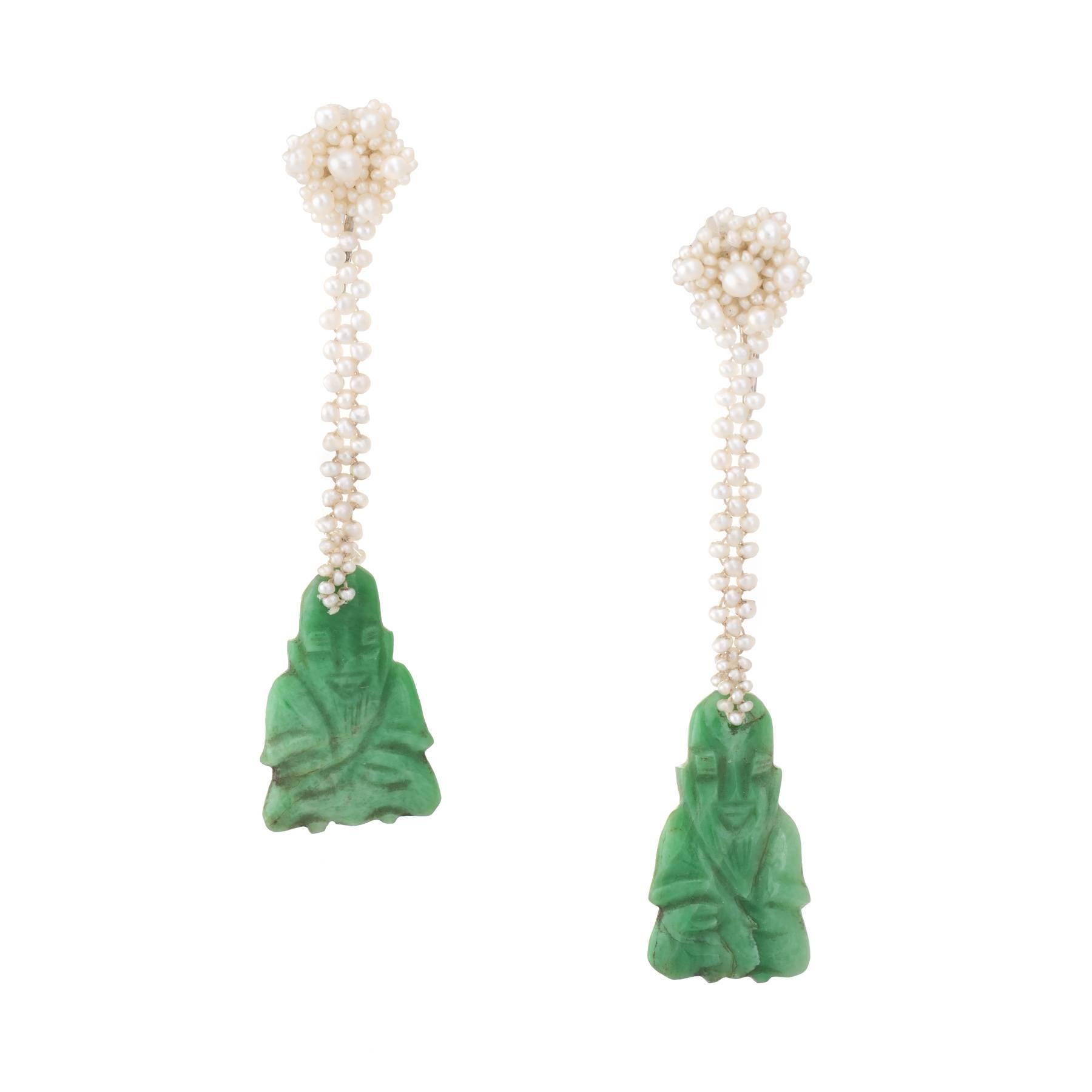 Jade Buddha Seed Pearl Drop Earrings Vintage 18 Karat White Gold