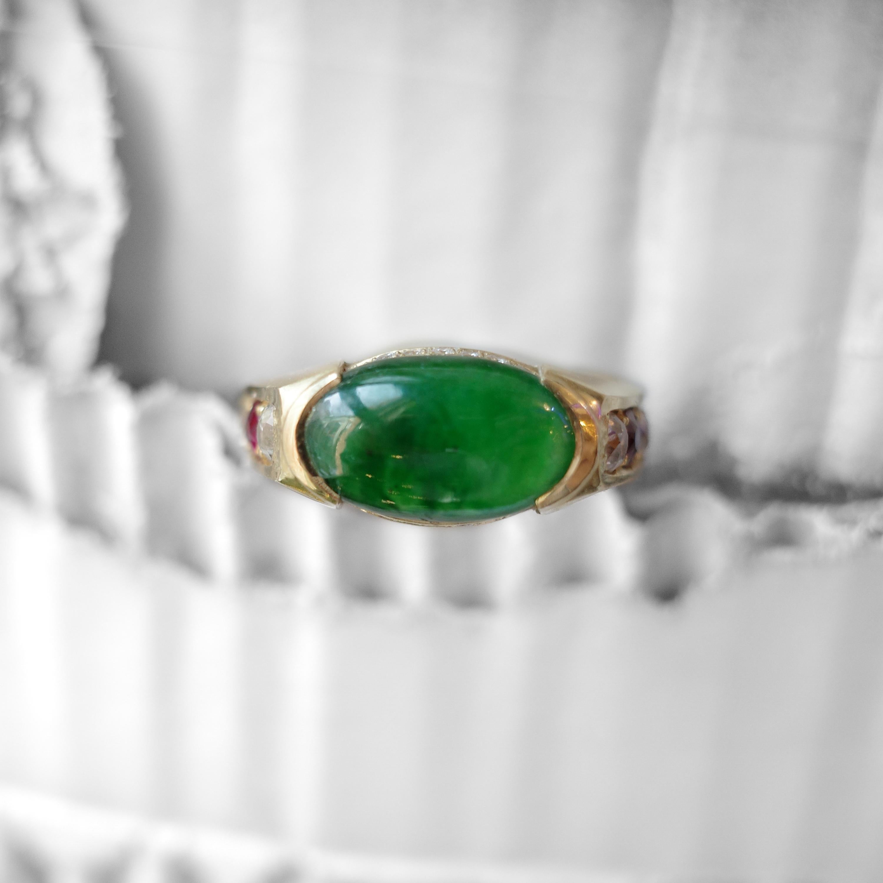 Jadeit Jade-Ring Smaragdgrün, Rubine, Diamanten, 18k, zertifiziert und unbehandelt im Angebot 12