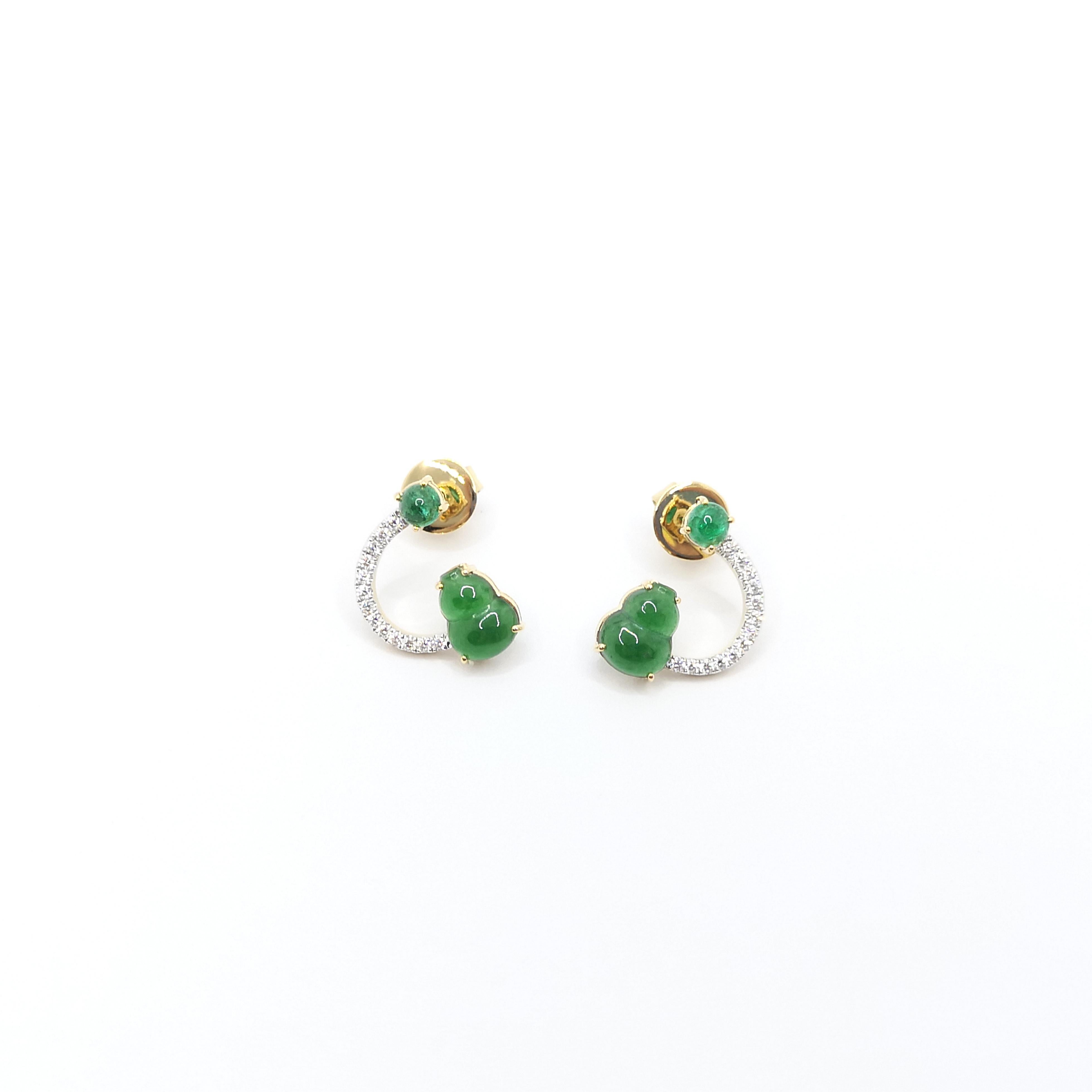 Contemporary Jade, Cabochon Emerald and Diamond Earrings set in 18K Gold Settings For Sale