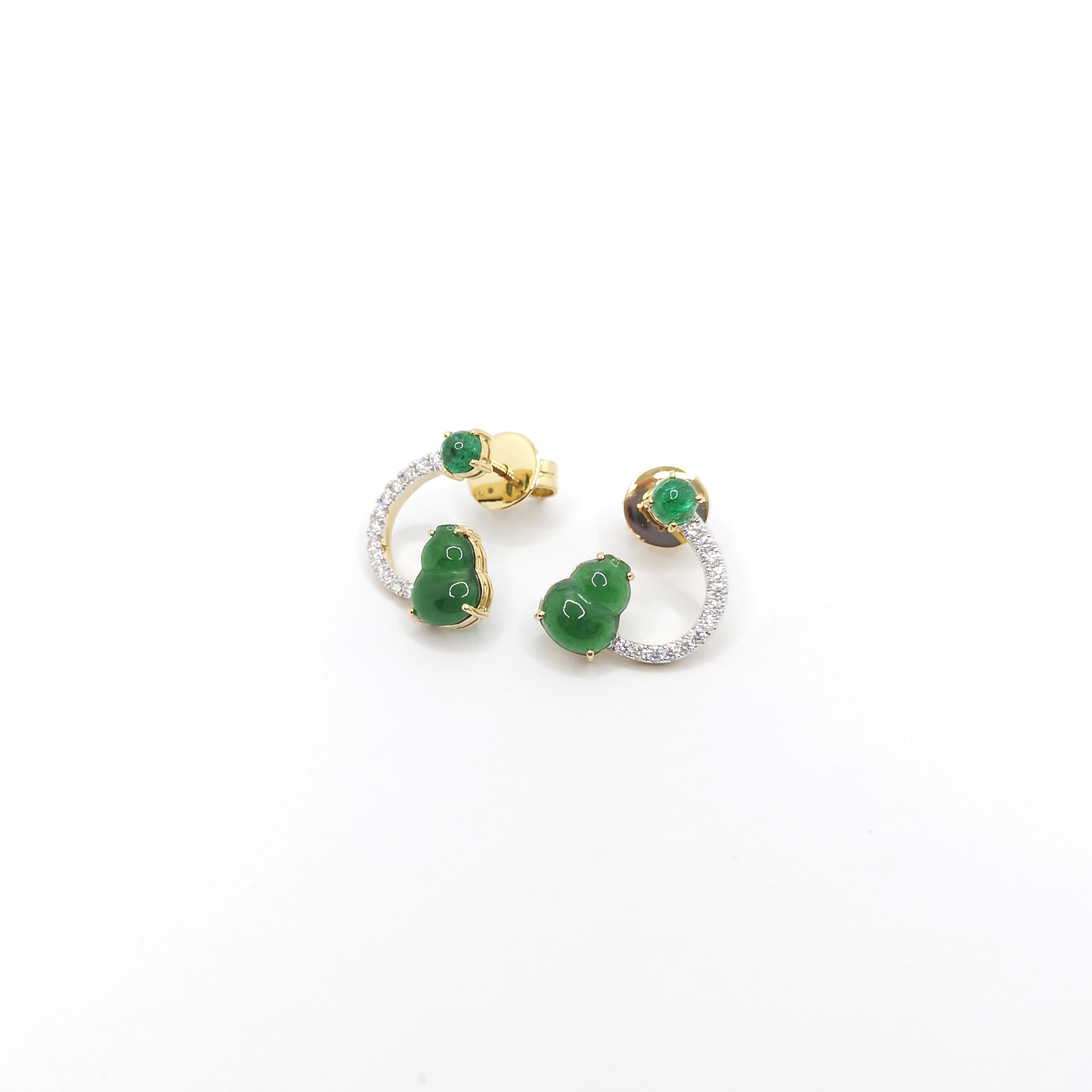 Women's Jade, Cabochon Emerald and Diamond Earrings set in 18K Gold Settings For Sale