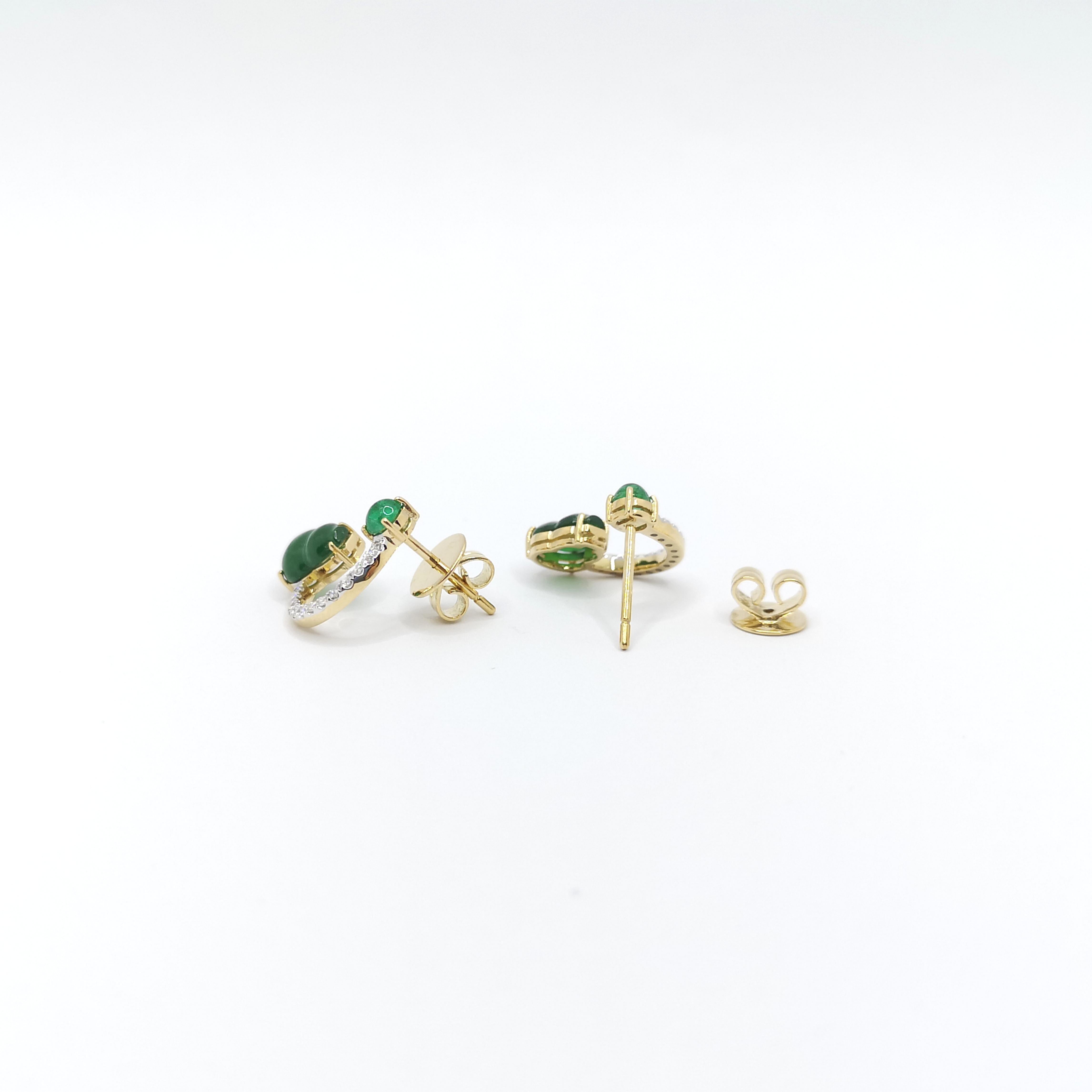 Jade, Cabochon Emerald and Diamond Earrings set in 18K Gold Settings For Sale 1