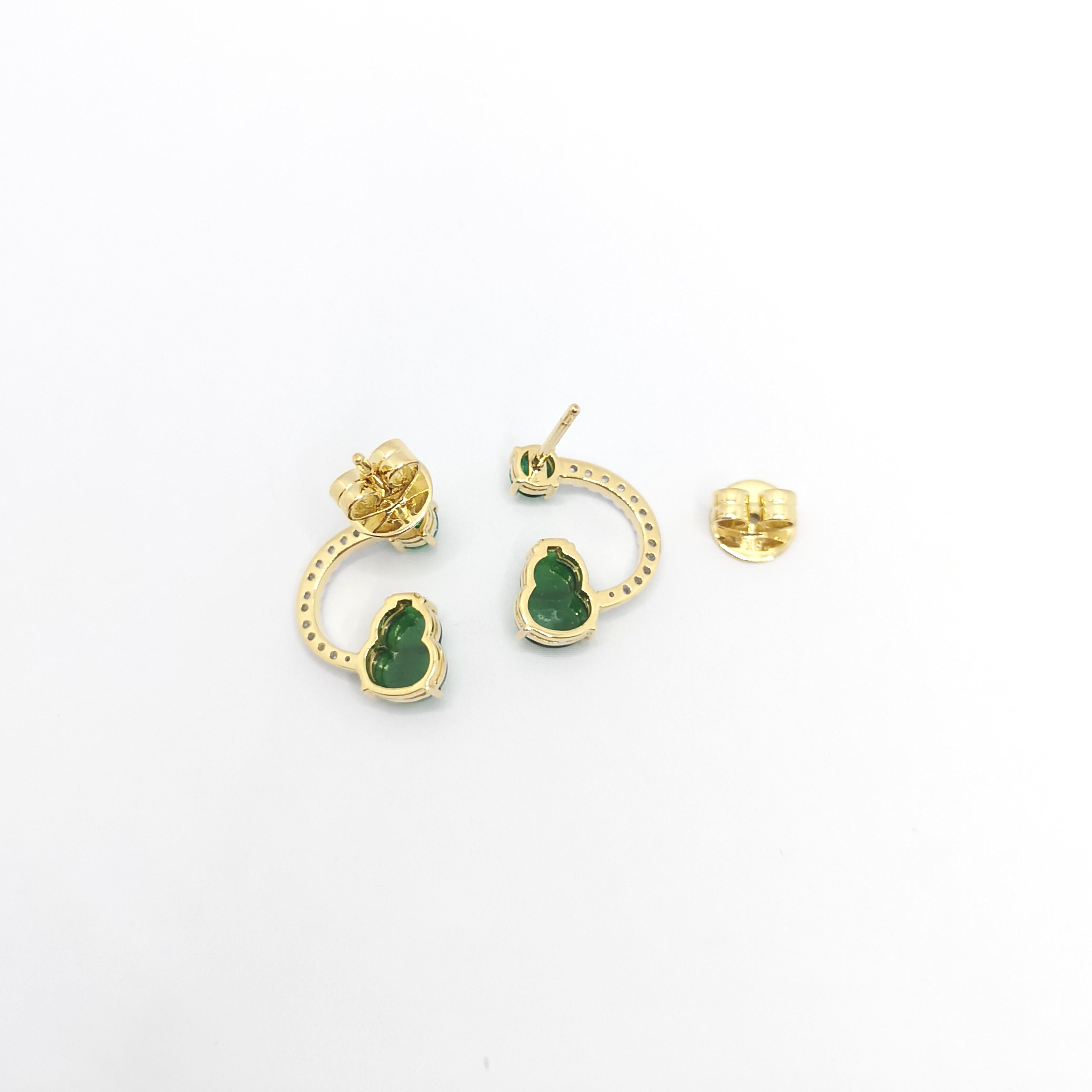 Jade, Cabochon Emerald and Diamond Earrings set in 18K Gold Settings For Sale 2