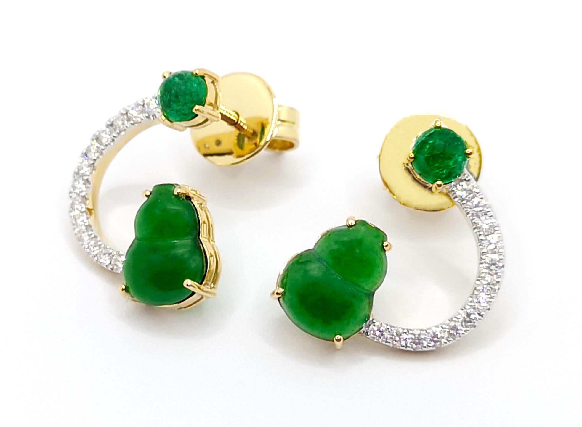 Jade, Cabochon Emerald and Diamond Earrings set in 18K Gold Settings For Sale 3