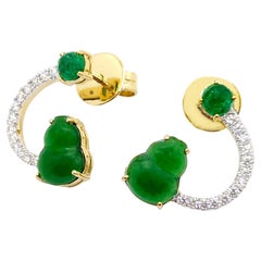 Jade, Cabochon Emerald and Diamond Earrings set in 18K Gold Settings