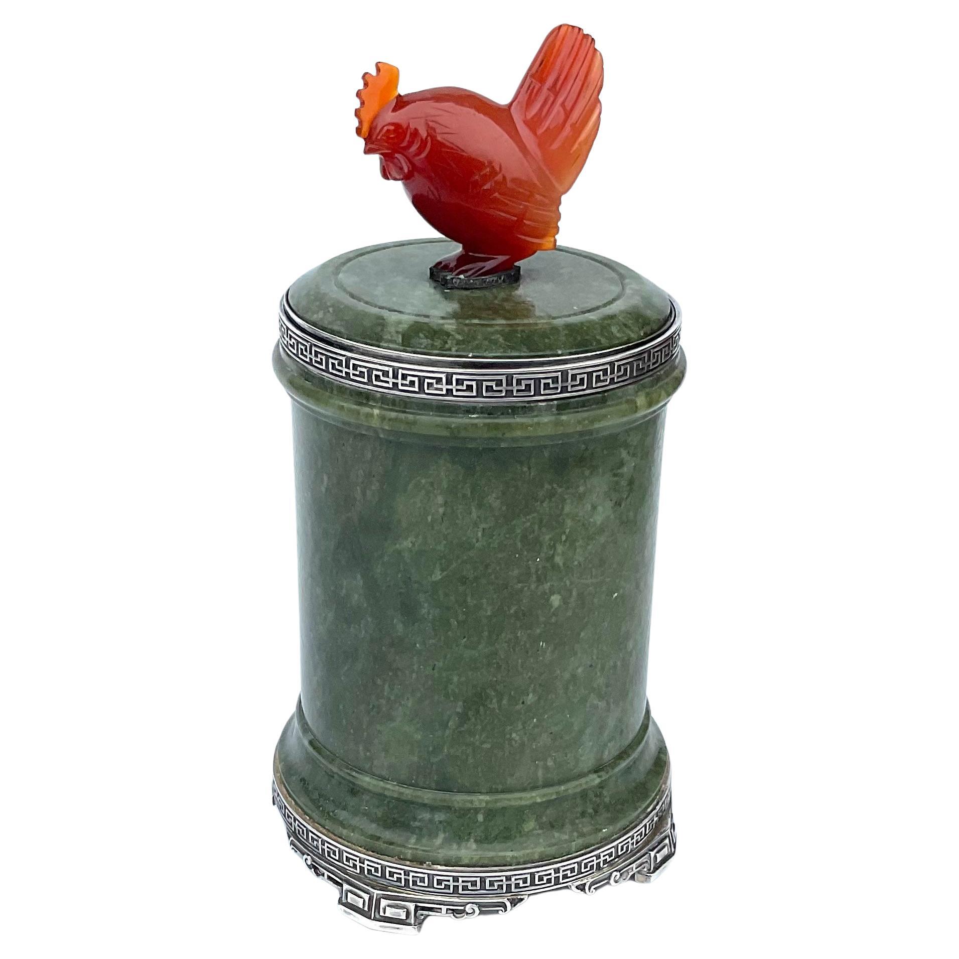 Jade Carnelian and Sterling Cigarette Box with Decorative Rooster Top circa 1920 For Sale