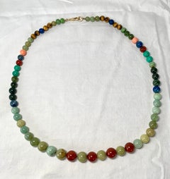 Jade Carnelian Lapis Malachite Tiger's Eye 14 Karat Gold Necklace Dog Clip