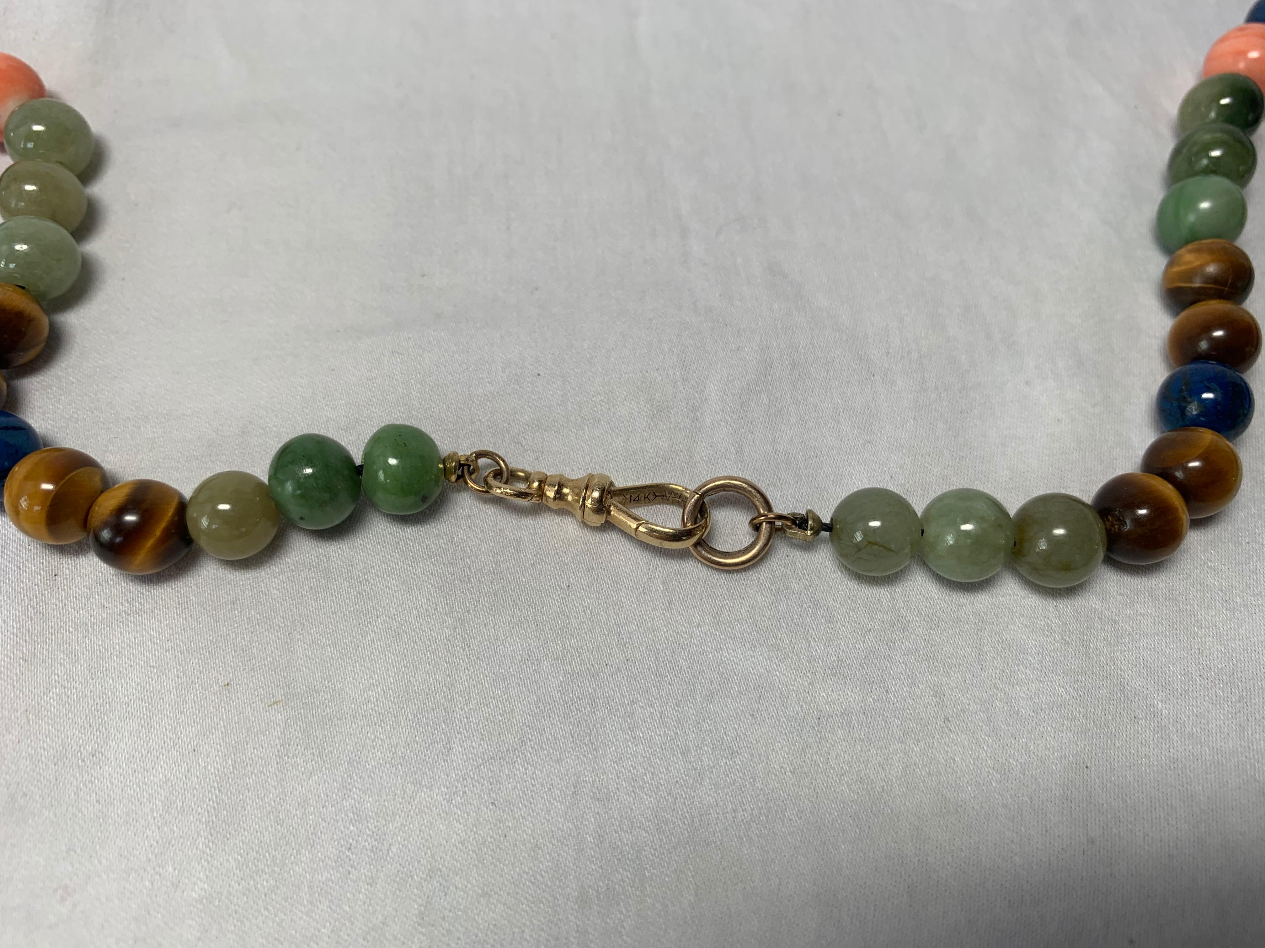 Jade Carnelian Lapis Malachite Tiger's Eye 14 Karat Gold Necklace Dog Clip In Good Condition For Sale In New York, NY