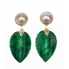 Jade Carved Leaf Gold Mabè Pearl 18 Karat Gold Earring