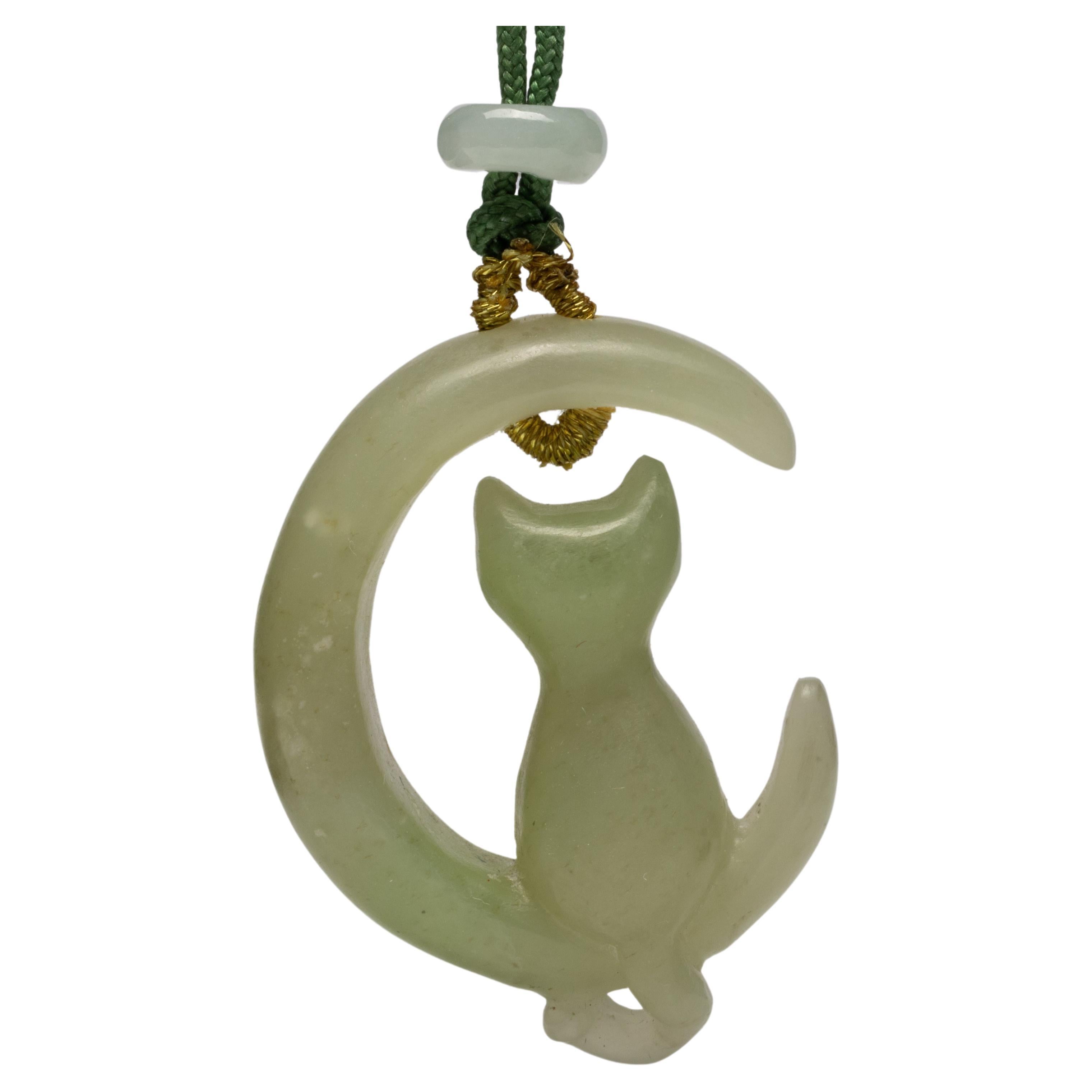 Jade Pendant Certified Untreated Nephrite Cat & Moon For Sale