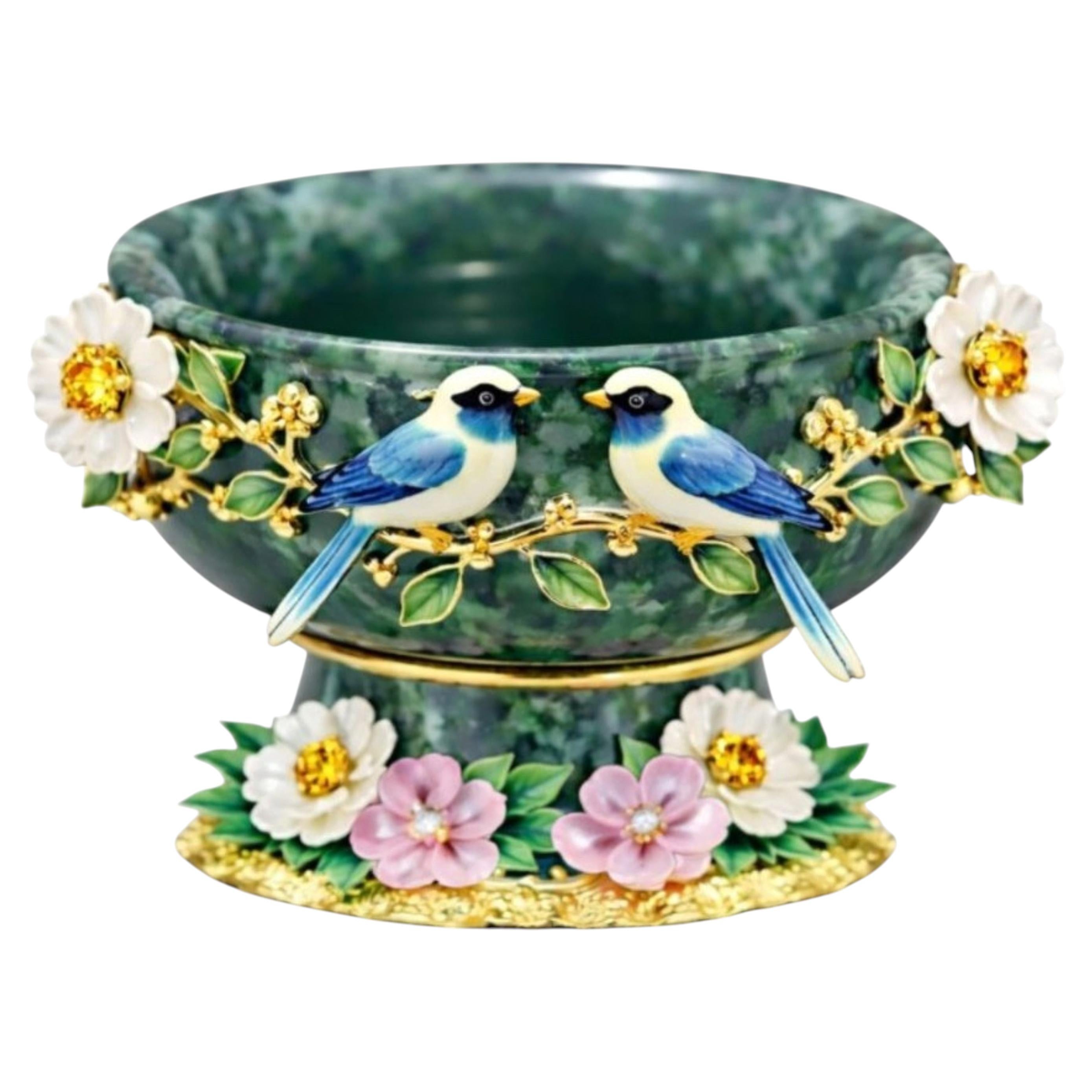 Jade Centerpiece Bowl with Gold Vermeil Birds, Gemstone- Handcrafted To Order For Sale