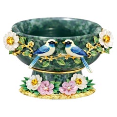 Jade Centerpiece Bowl with Gold Vermeil Birds, Gemstone- Handcrafted To Order