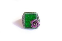 Jade Cocktail Ring Attributed to Wendy Yue in Blackened 18 Karat Gold, Tsavorite