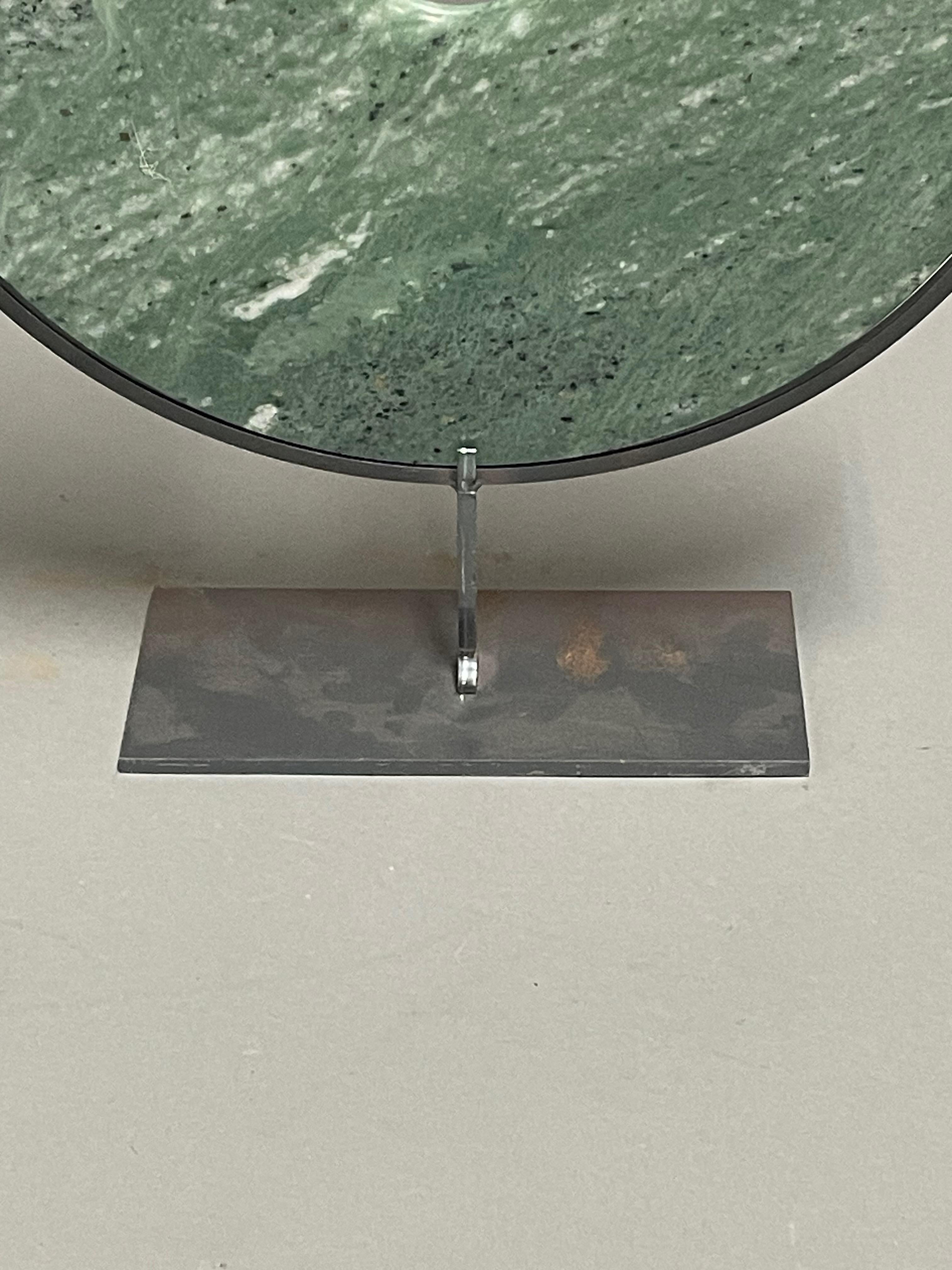 Chinese Jade Colored Set Of Two Jade Discs On Metal Stands, China, Contemporary For Sale