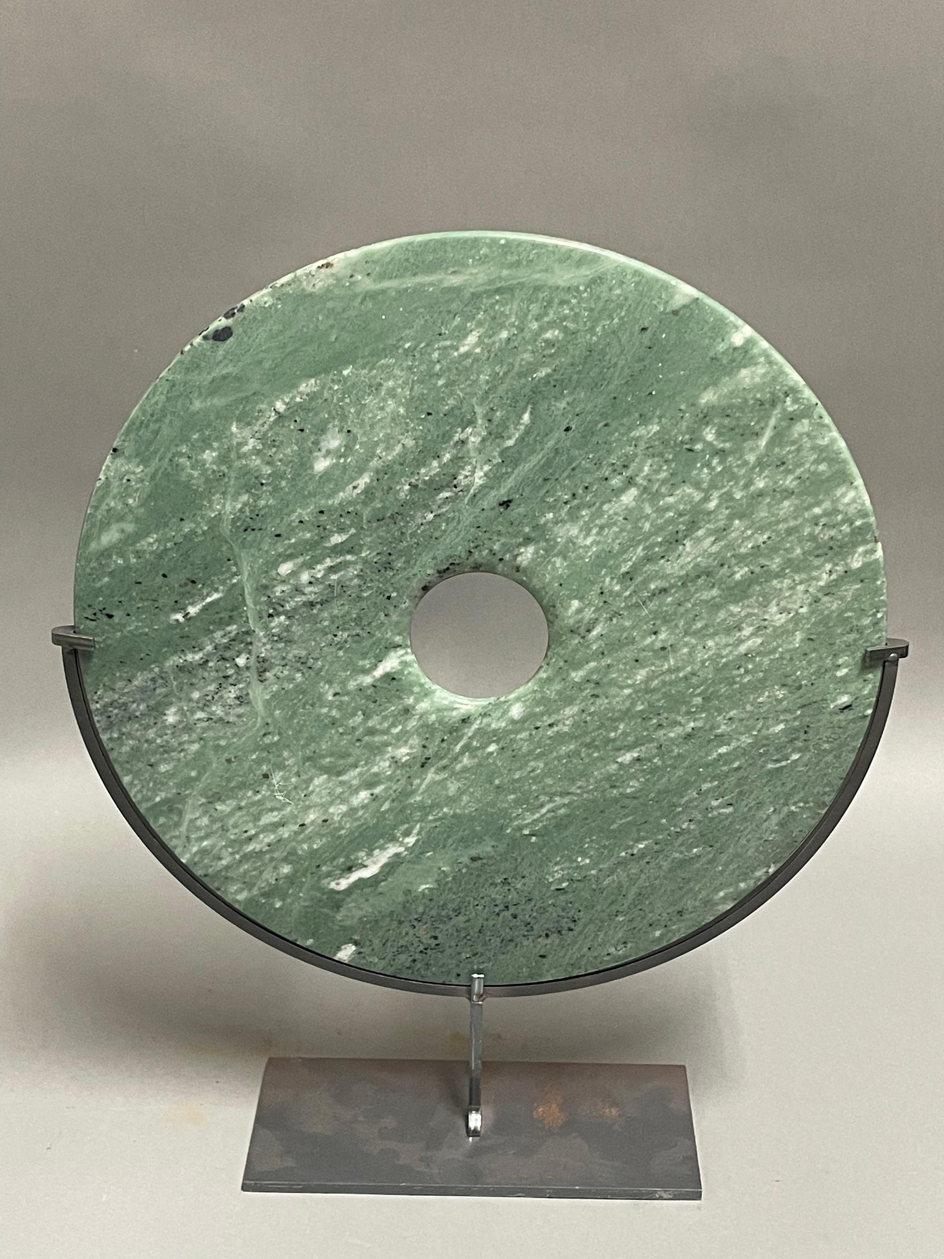 Jade Colored Set Of Two Jade Discs On Metal Stands, China, Contemporary In New Condition For Sale In New York, NY