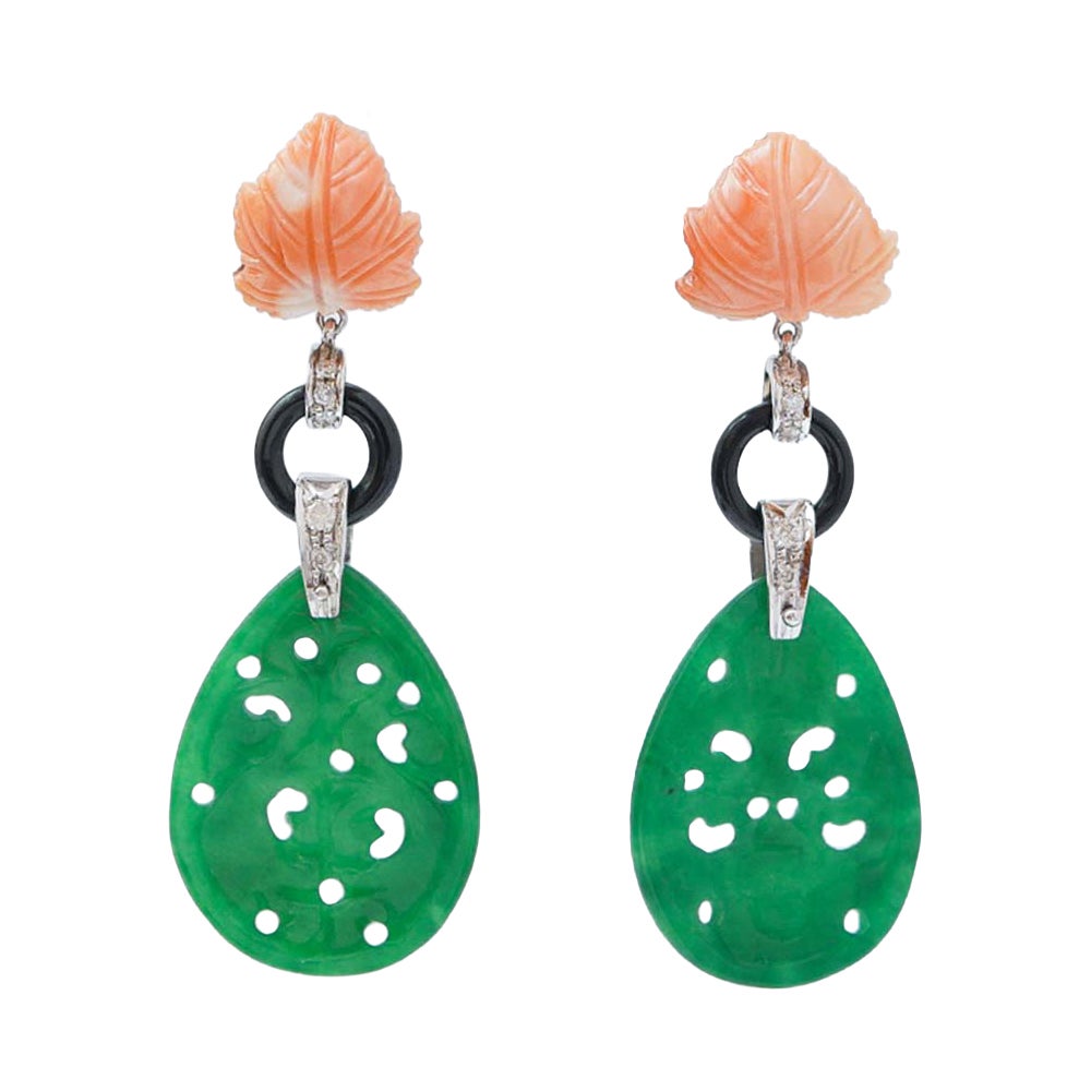 Jade, Coral, Agate, Diamonds, White Gold Earrings.