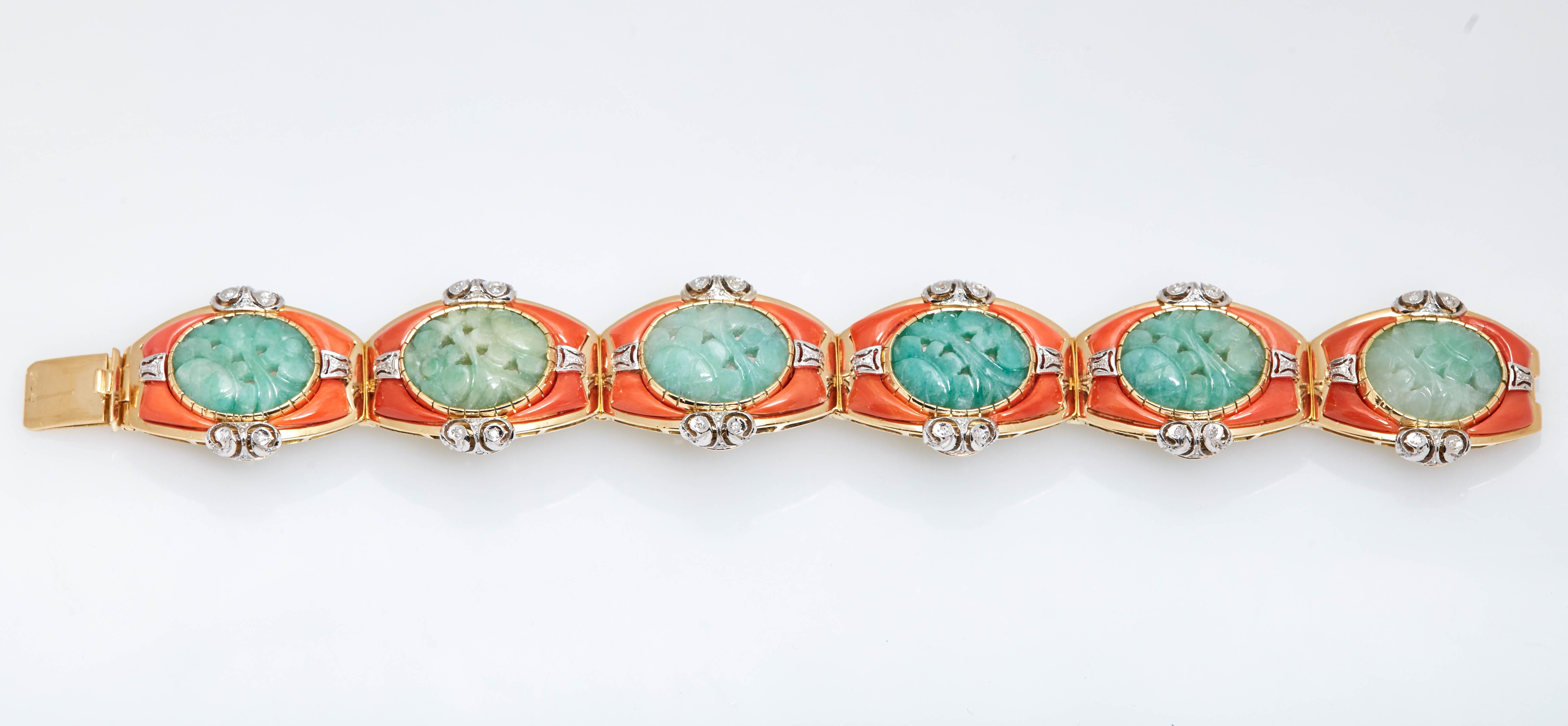 An unusual and refined bracelet in yellow gold with carved jade, corals and diamonds, mounted on 18kt yellow gold. Made in Italy, circa 1955.