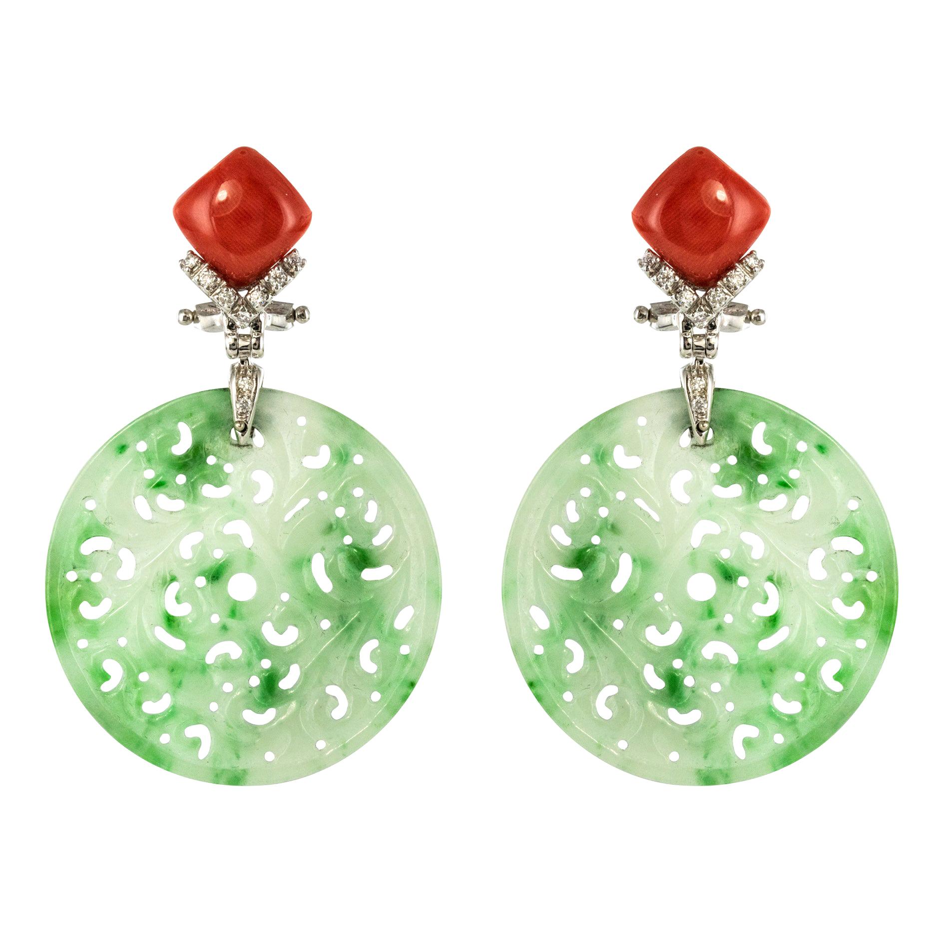 Jade Coral Diamonds 18 Karat White Gold Dangle Earrings