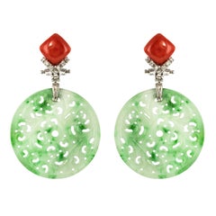 Jade Coral Diamonds 18 Karat White Gold Dangle Earrings