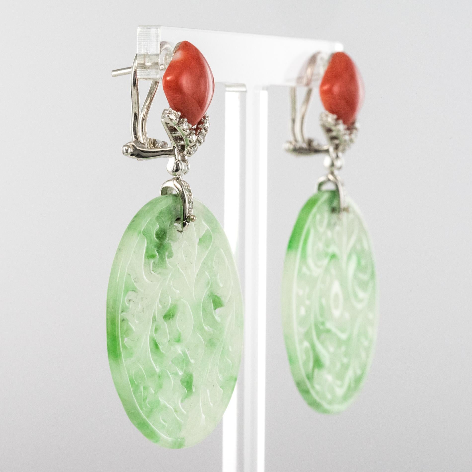 Jade Coral Diamonds 18 Karat White Gold Dangle Earrings In New Condition In Poitiers, FR
