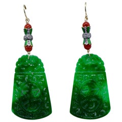 Jade, Coral Enamel Base, Diamond Earrings