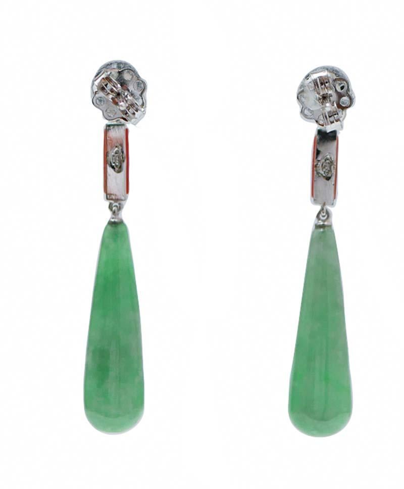 Retro Jade, Coral, Onyx, Diamonds, Platinum Dangle Earrings For Sale