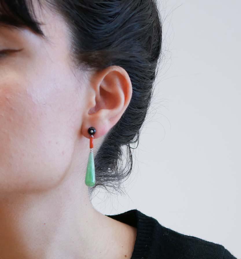 Mixed Cut Jade, Coral, Onyx, Diamonds, Platinum Dangle Earrings For Sale