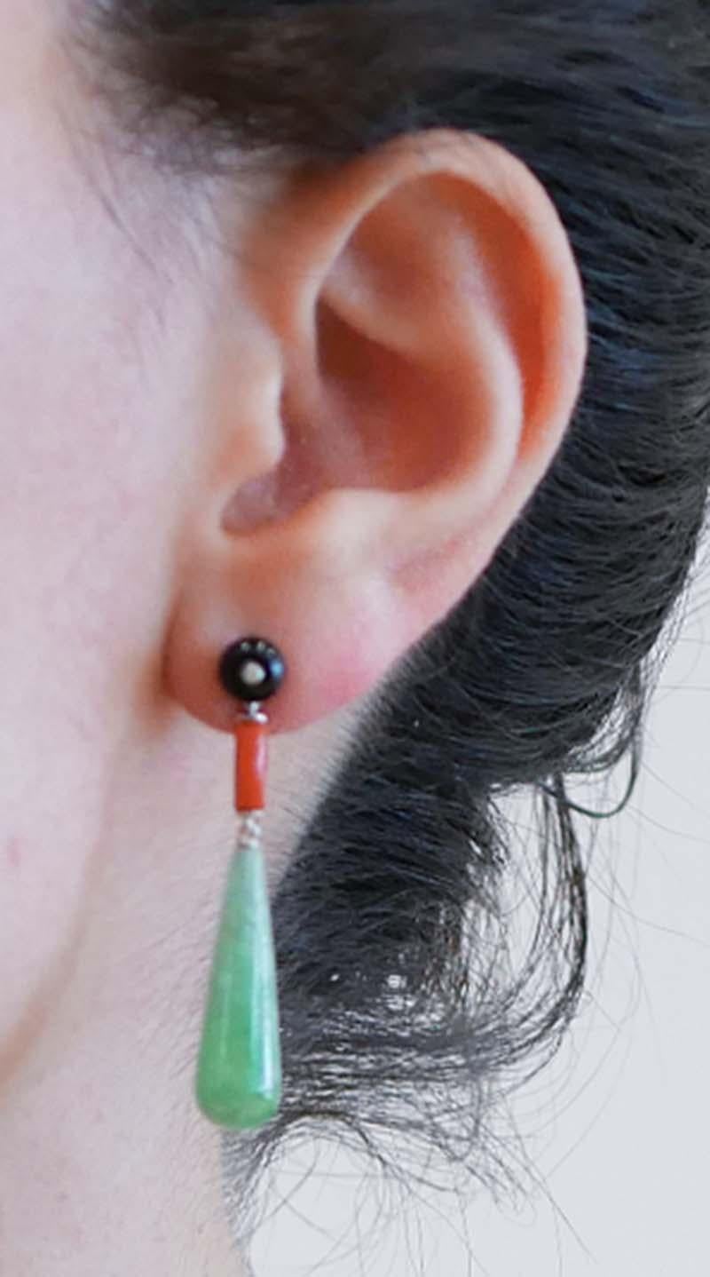 Jade, Coral, Onyx, Diamonds, Platinum Dangle Earrings In New Condition For Sale In Marcianise, Marcianise (CE)