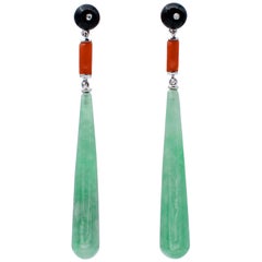 Jade, Coral, Onyx, Diamonds, Platinum Dangle Earrings