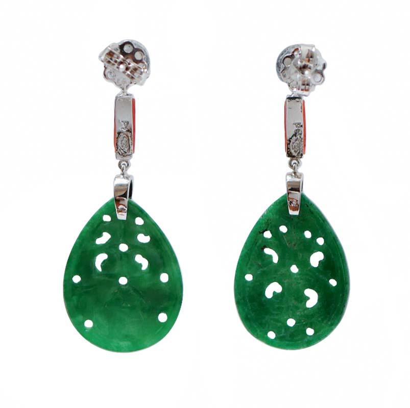 Retro Jade, Coral, Onyx, Diamonds, Platinum Earrings. For Sale