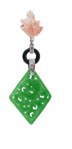 Jade, Coral, Onyx, Diamonds, White Gold Earrings.