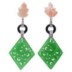 Jade, Coral, Onyx, Diamonds, White Gold Earrings.