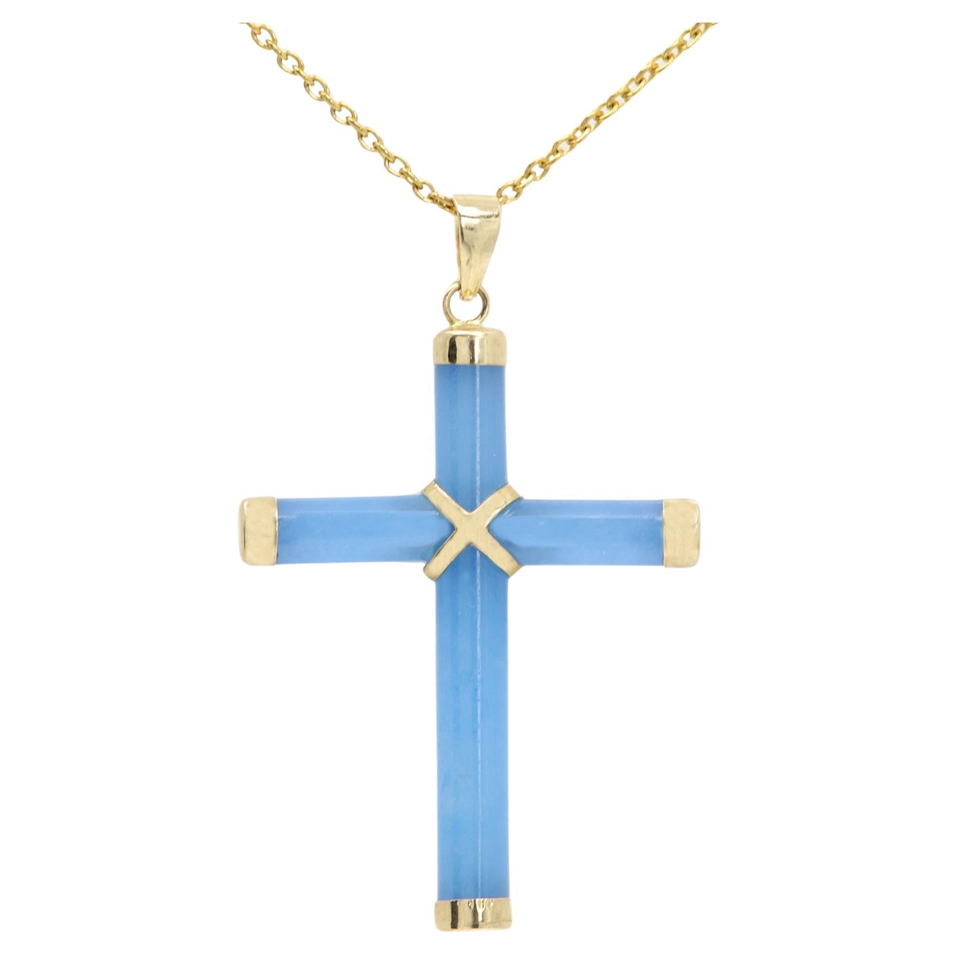 Jade Cross in 14 Karat Yellow Gold Blue Jade Gold Cross