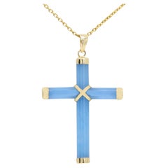 Jade-Kreuz aus 14 Karat Gelbgold Blaues Jade-Gold Kreuz