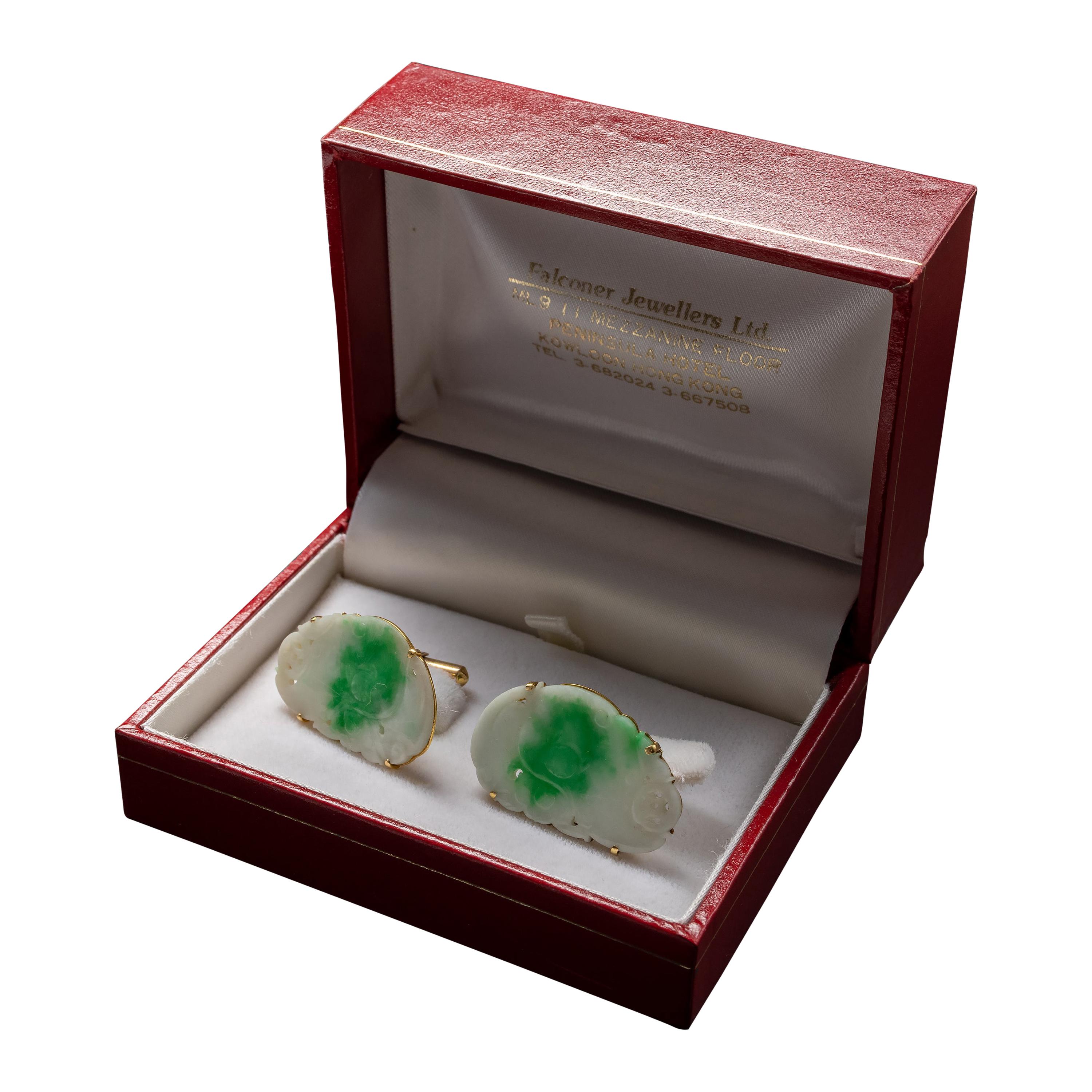 Jade Cufflinks from Falconer Jewellers Hong Kong Circa 1950s Certified Untreated