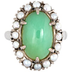 Jade Cultured Pearl Ring Vintage 14 Karat Gold Oval Cocktail Jewelry Estate