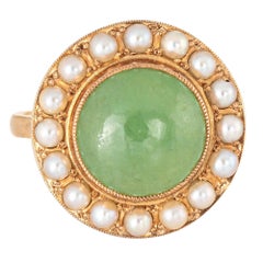 Jade Cultured Pearl Ring Vintage 14 Karat Gold Round Cocktail Estate Jewelry