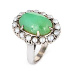 Jade Cultured Pearl Ring Vintage 14 Karat Gold Oval Cocktail Jewelry Estate