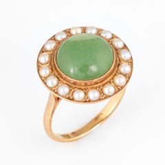 Jade Cultured Pearl Ring Vintage 14 Karat Gold Round Cocktail Estate Jewelry