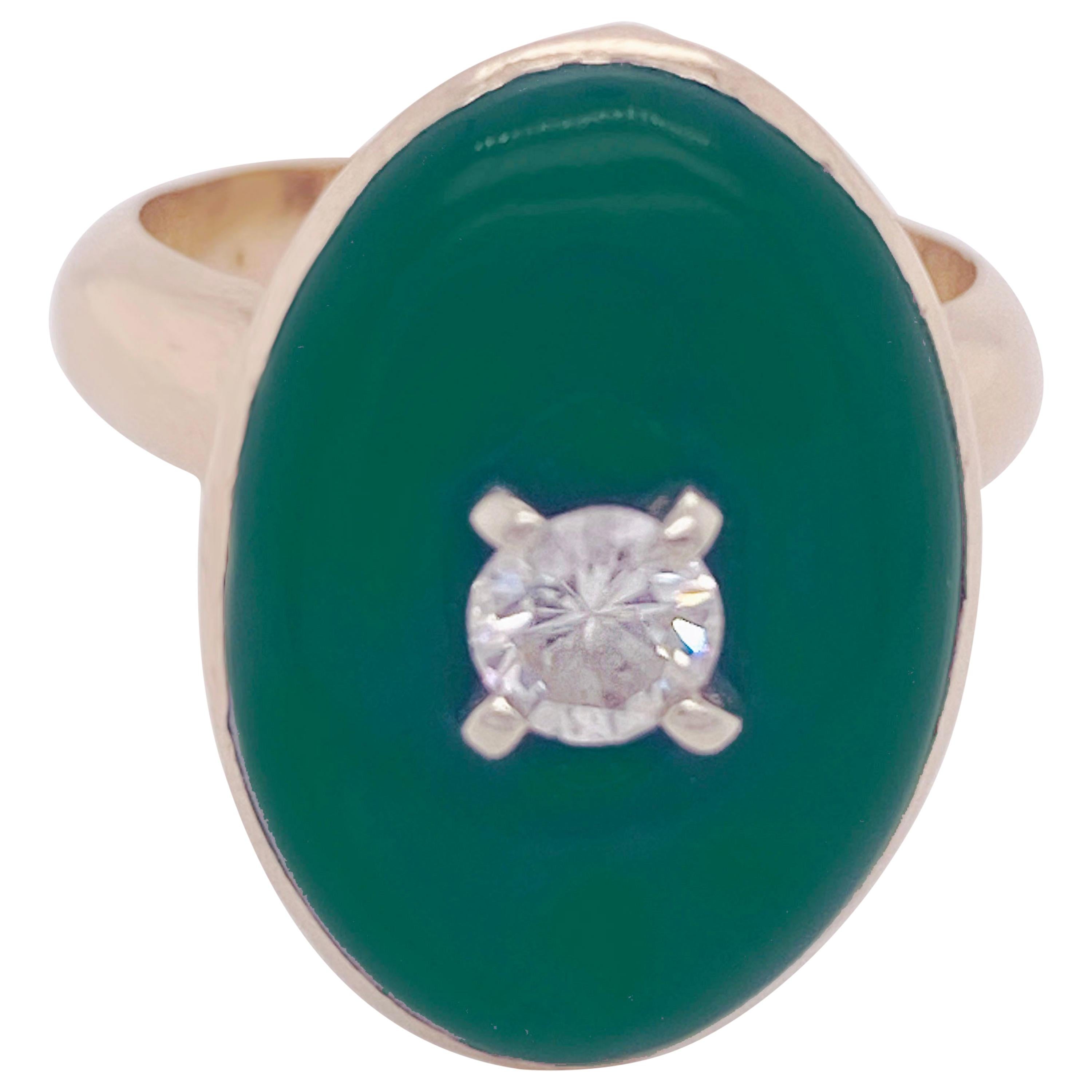 Jade Diamant 14 Karat Gelbgold Bombe-Ring mit Lünette, Jade und 1/4 Karat Diamant