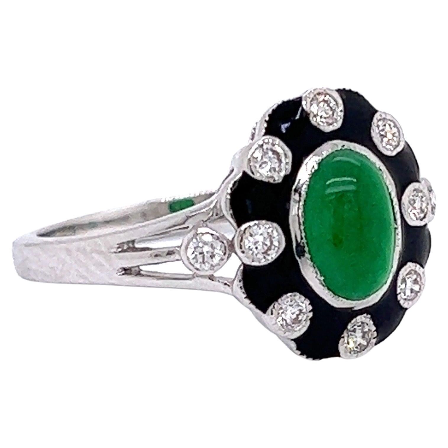 A TB Exclusive! At the center of this ring is 0.80 carats of jade, surrounded by 0.17 carats of brilliant round diamonds and black enamel. All of the stones are set in 2.97 grams of 14k white gold. You will turn heads with this unique ring!

Metal