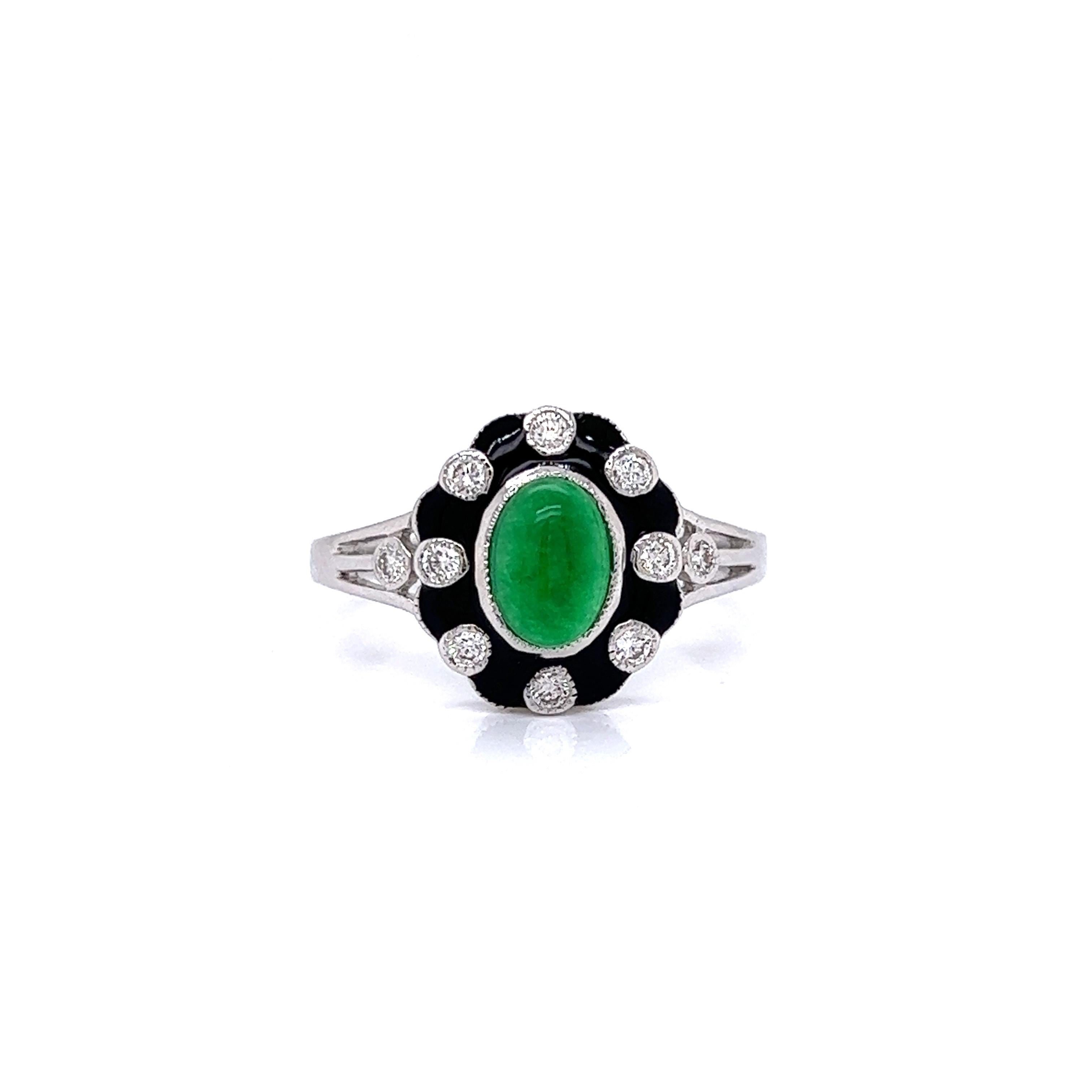 Modern Jade, Diamond and Black Enamel Ring