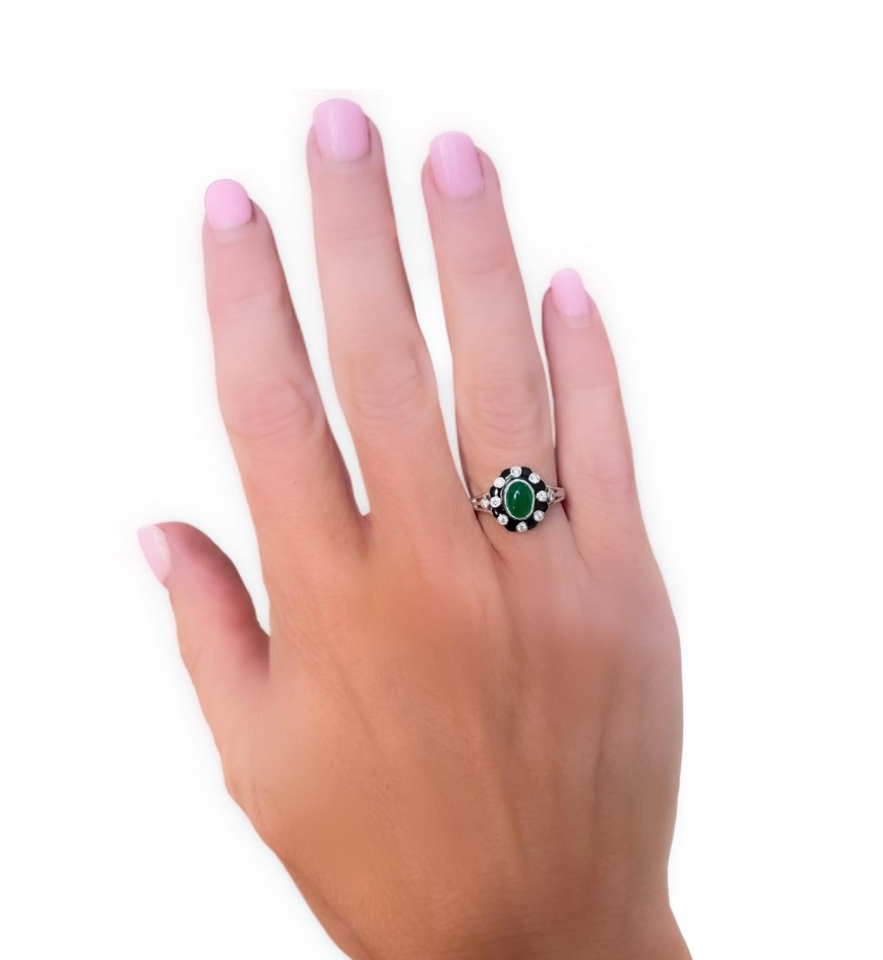 Round Cut Jade, Diamond and Black Enamel Ring