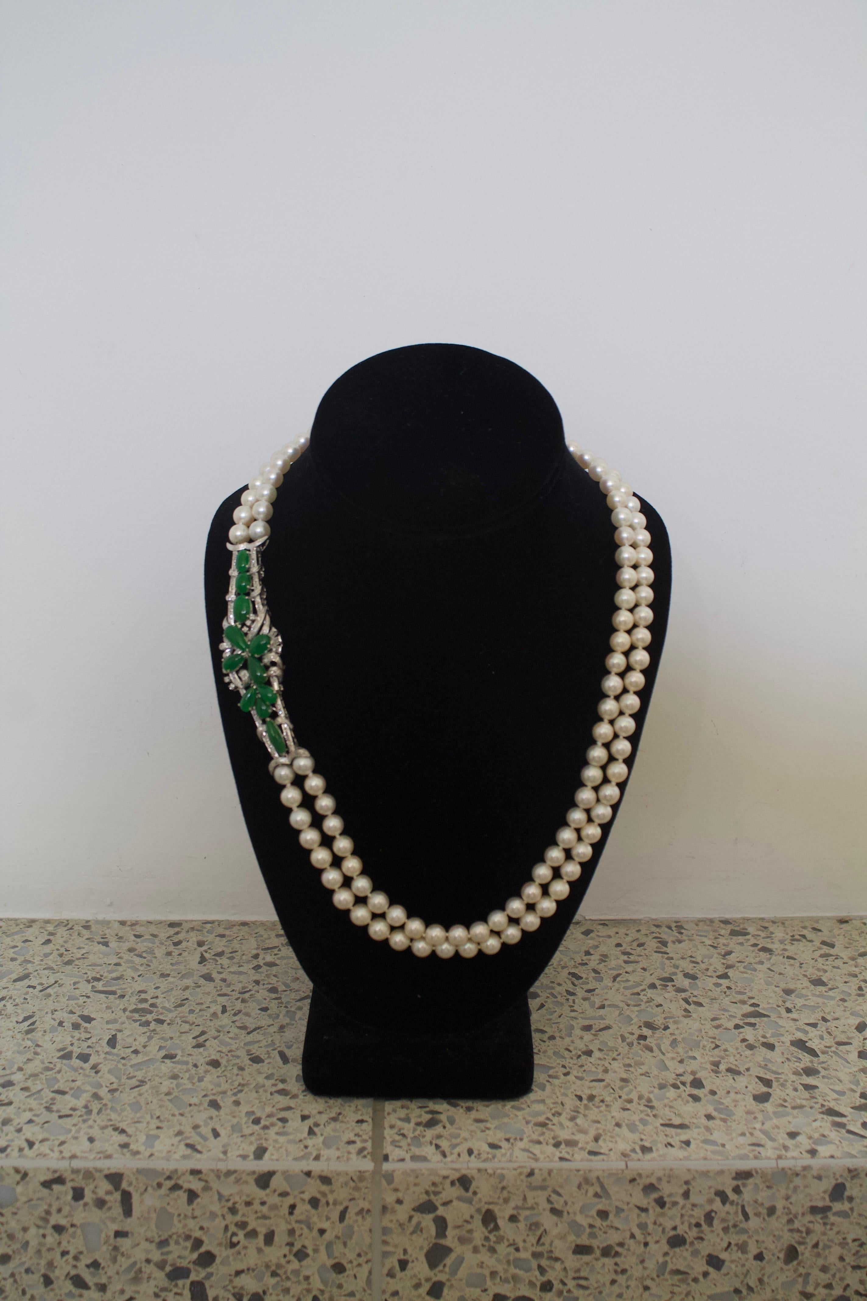 Modern Jade Diamond and Pearl Strand Necklace Circa 1950's For Sale